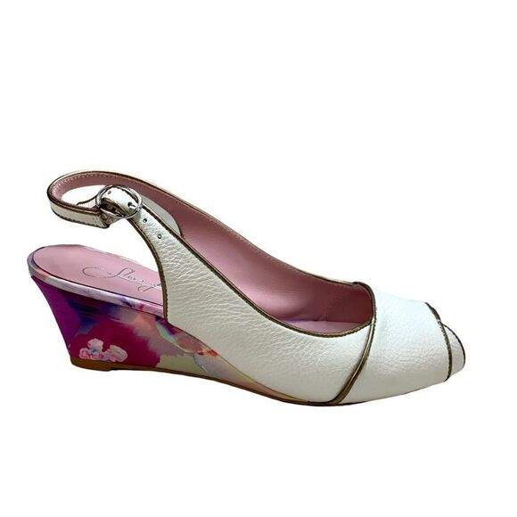 🔵Shoes of Prey White Gold Slingback Wedges Floral Wrapped Heels 37 / 7 WIDE - Picture 1 of 12